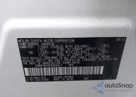 2013 Toyota Rav4 Xle z USA, uszkodzony, nr VIN JTMRFREV4D5026611